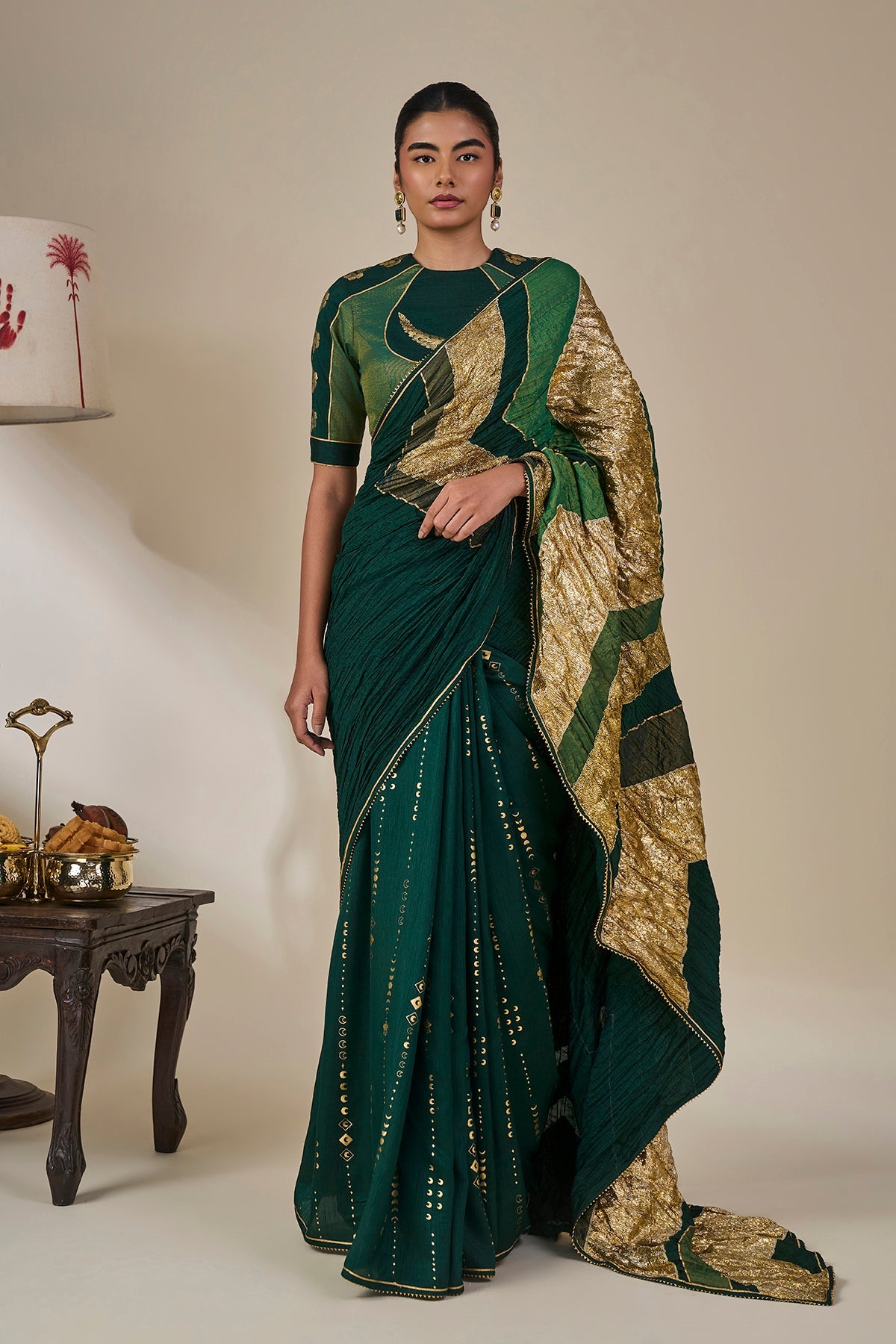 Bottle Green Celestial Moonfall Crush Saree