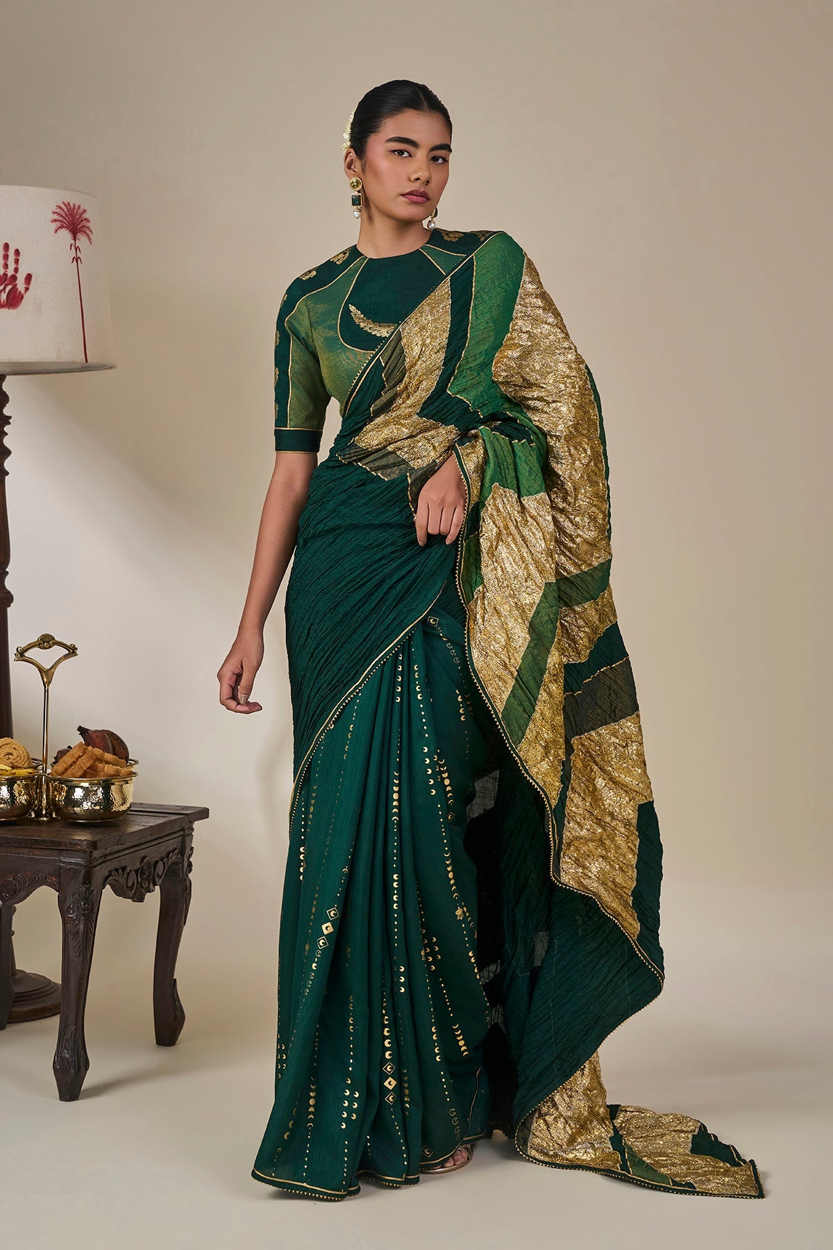Bottle Green Celestial Moonfall Crush Saree