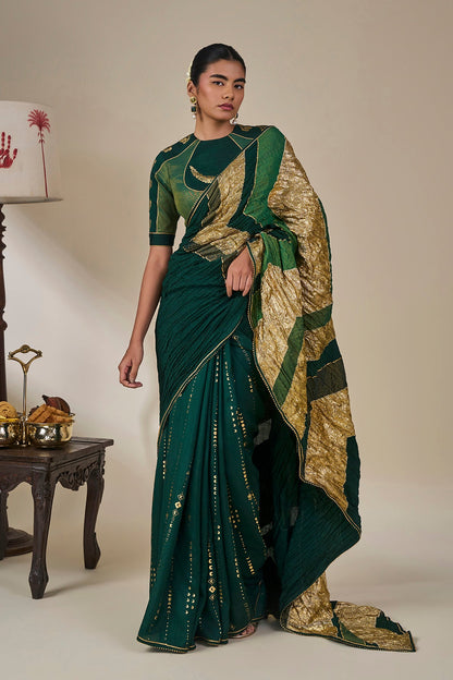 Bottle Green Celestial Moonfall Crush Saree