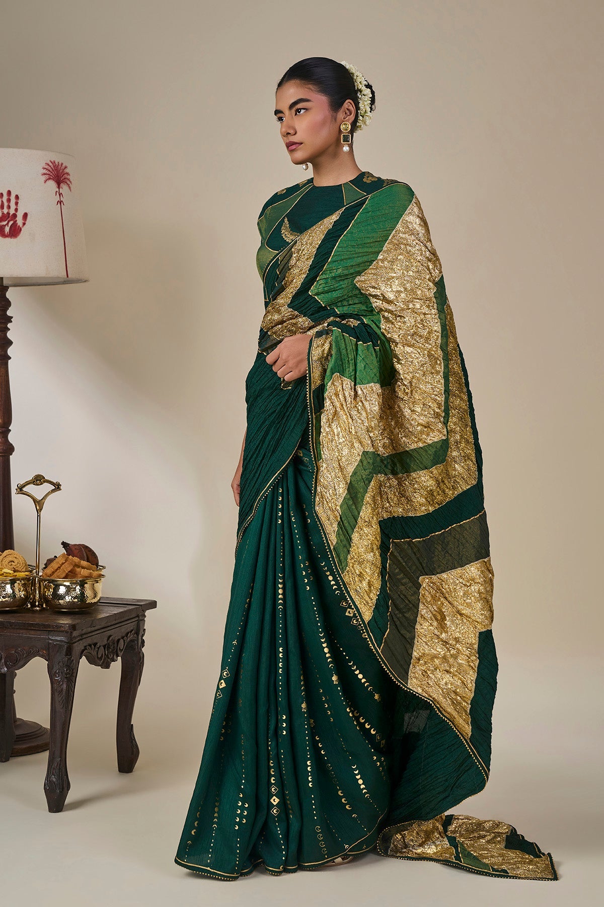 Bottle Green Celestial Moonfall Crush Saree