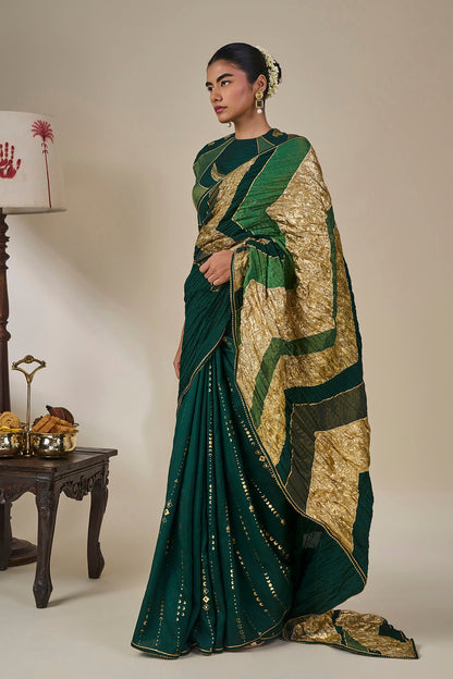 Bottle Green Celestial Moonfall Crush Saree