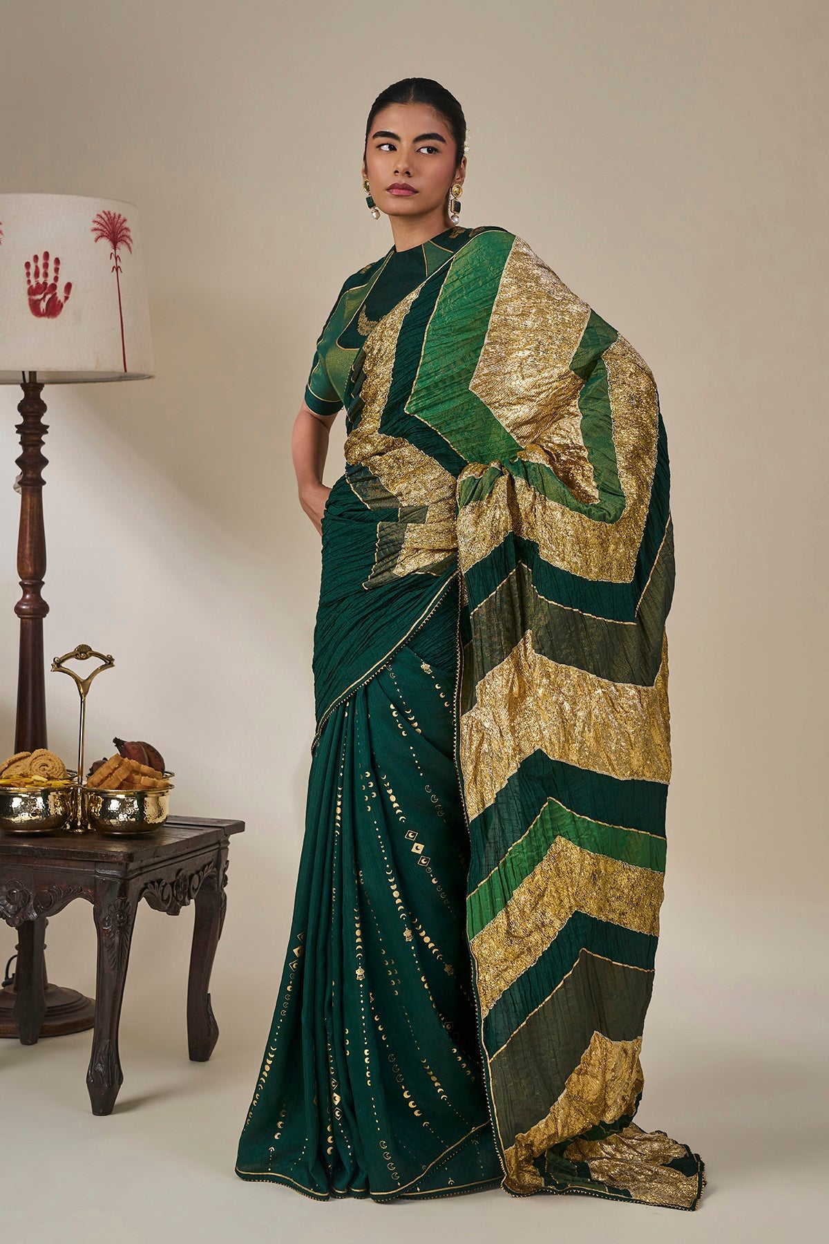 Bottle Green Celestial Moonfall Crush Saree