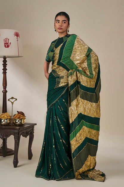 Bottle Green Celestial Moonfall Crush Saree