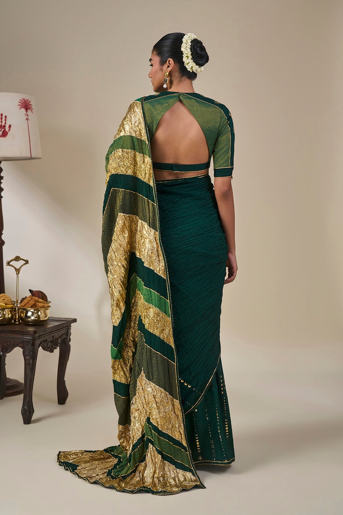 Bottle Green Celestial Moonfall Crush Saree