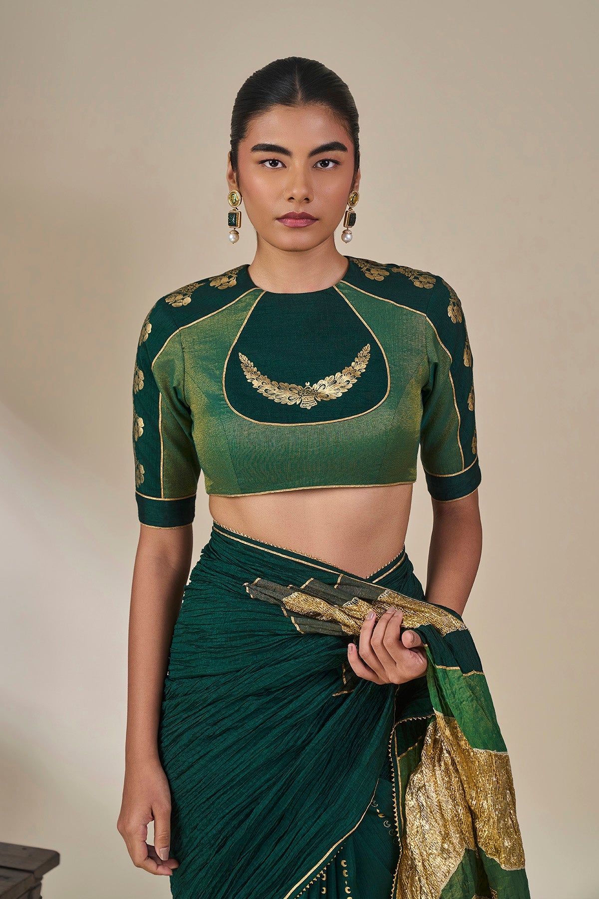 Bottle Green Celestial Moonfall Crush Saree