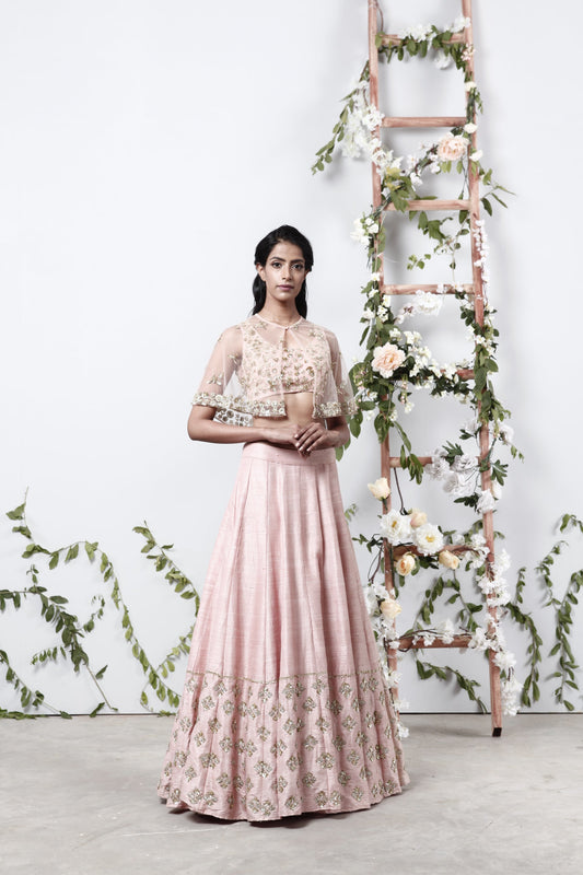 Pink Raw Silk With Square Booties Lehenga Set