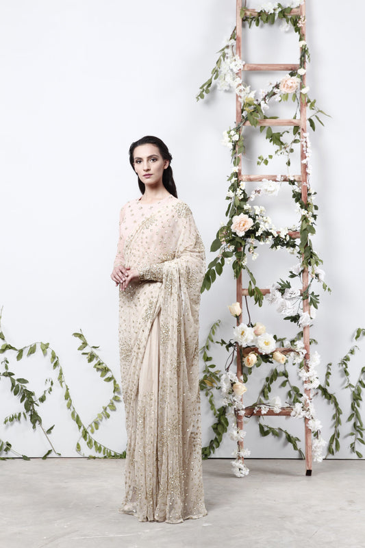 Off White Shimmer Saree Set