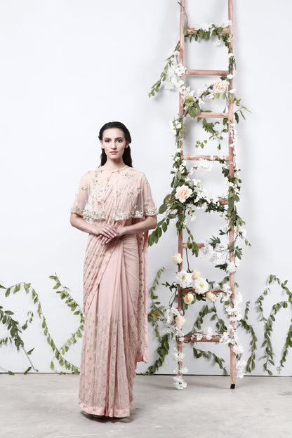 Pink Saree With Cape