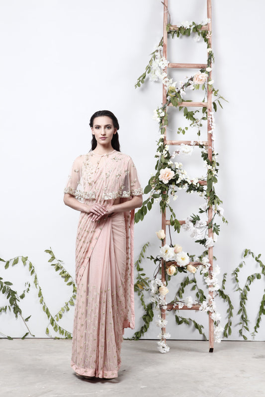 Pink Saree With Cape