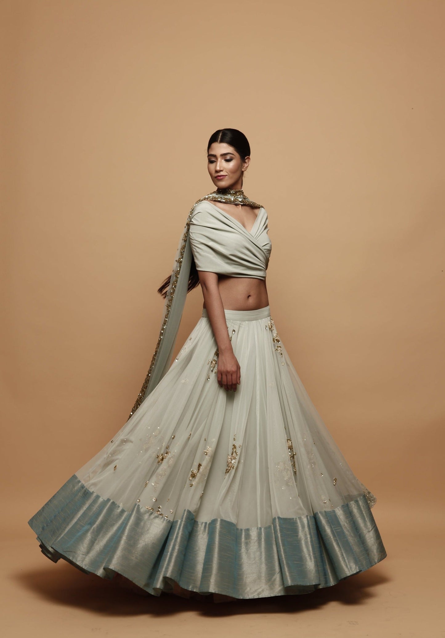 Light Blue Lehenga With Drape Blouse