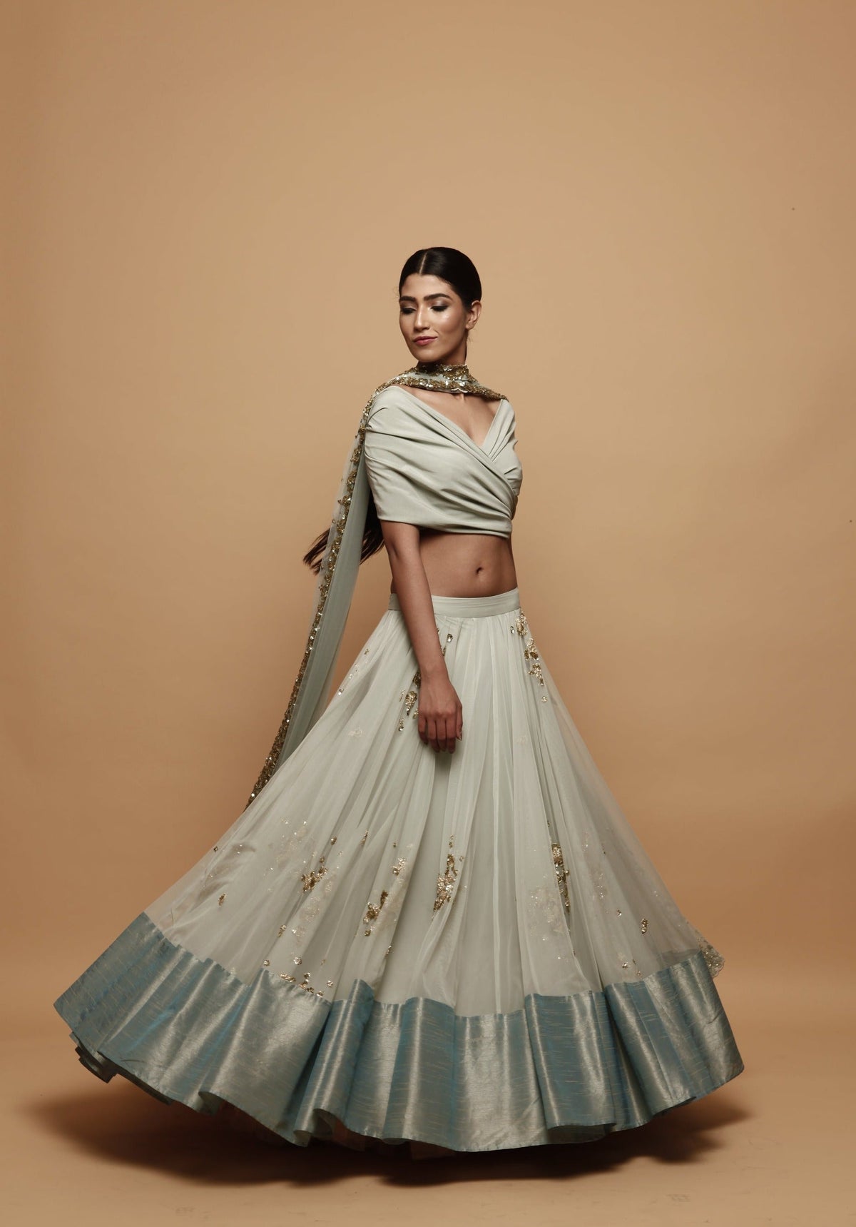 Light Blue Lehenga With Drape Blouse