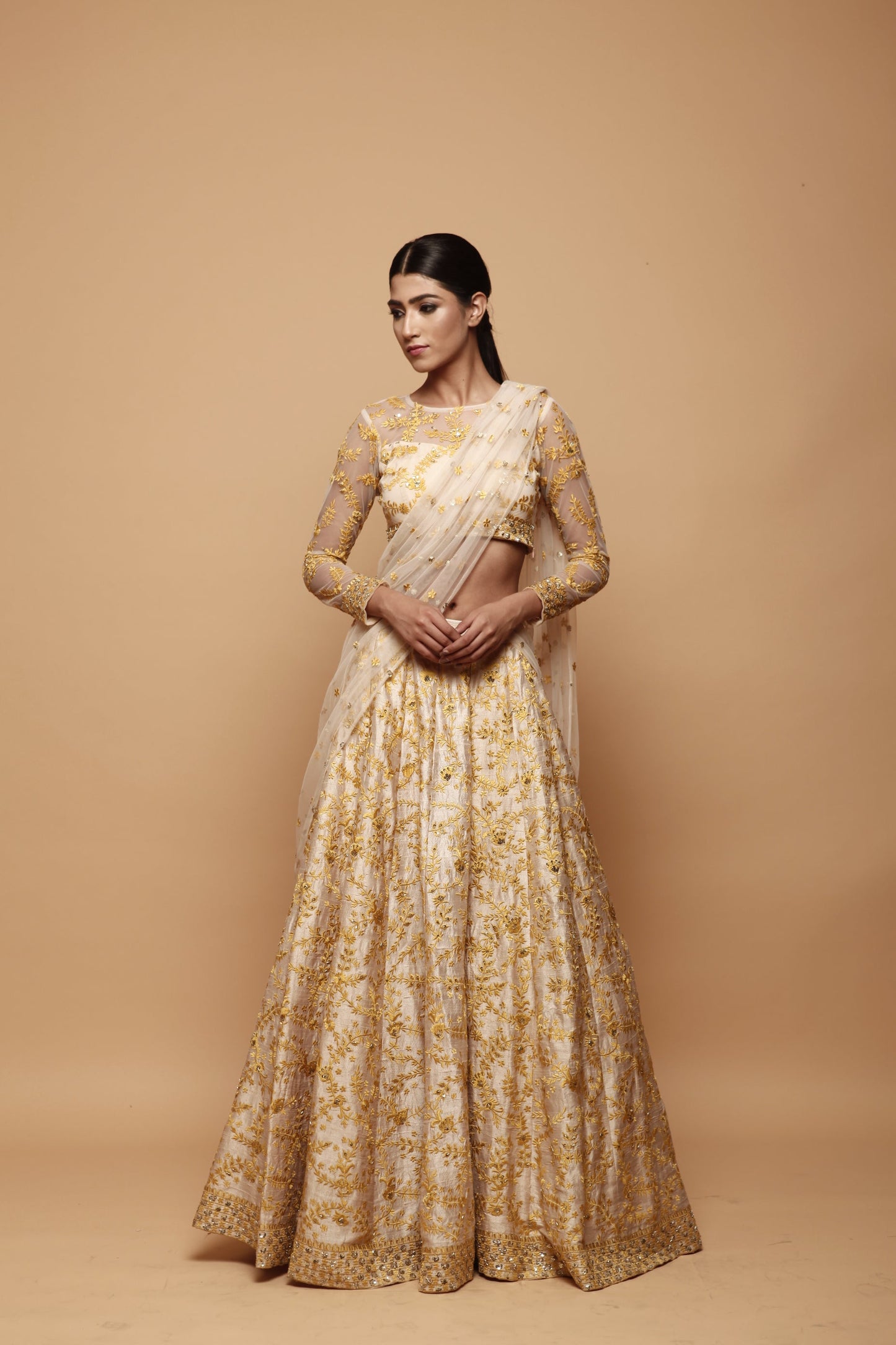 Off White With Mustard Thread Work Lehenga Set
