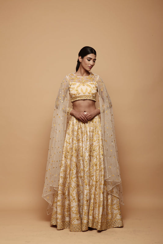 Off White With Mustard Thread Work Lehenga Set