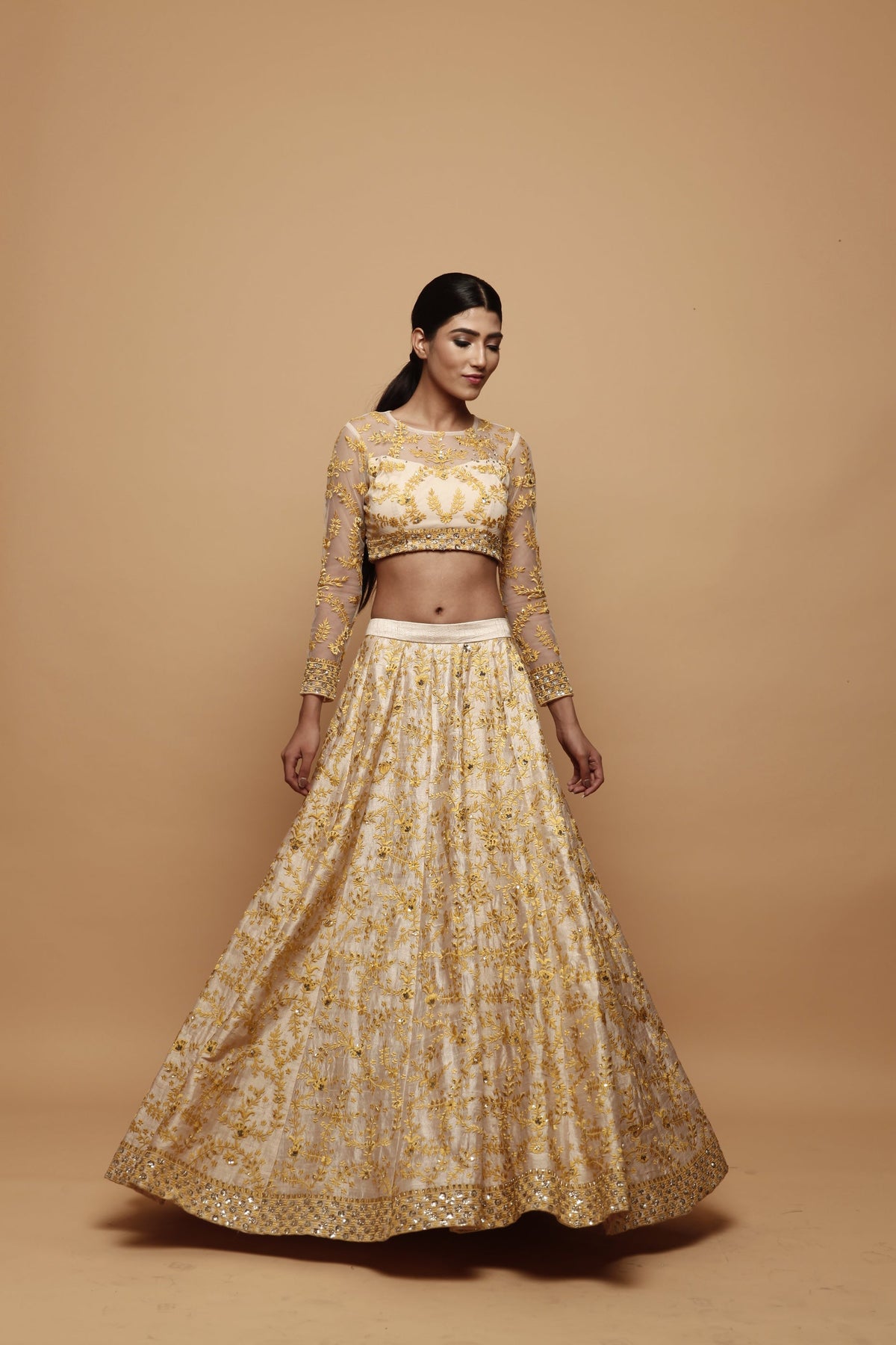 Off White With Mustard Thread Work Lehenga Set