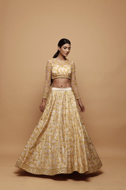 Off White With Mustard Thread Work Lehenga Set