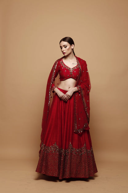 Red Lehenga With Gold Border