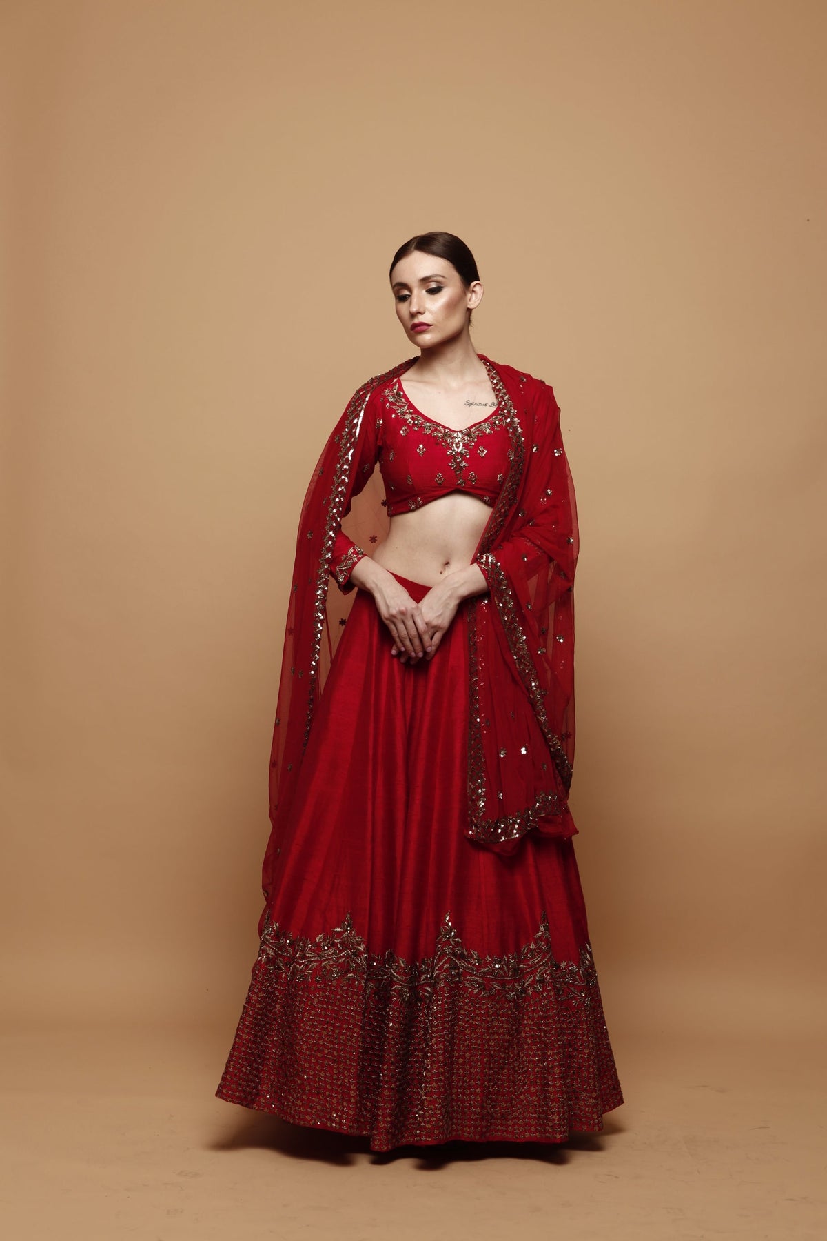 Red Lehenga With Gold Border