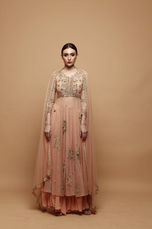 Peach Front Open Jacket And Sharara