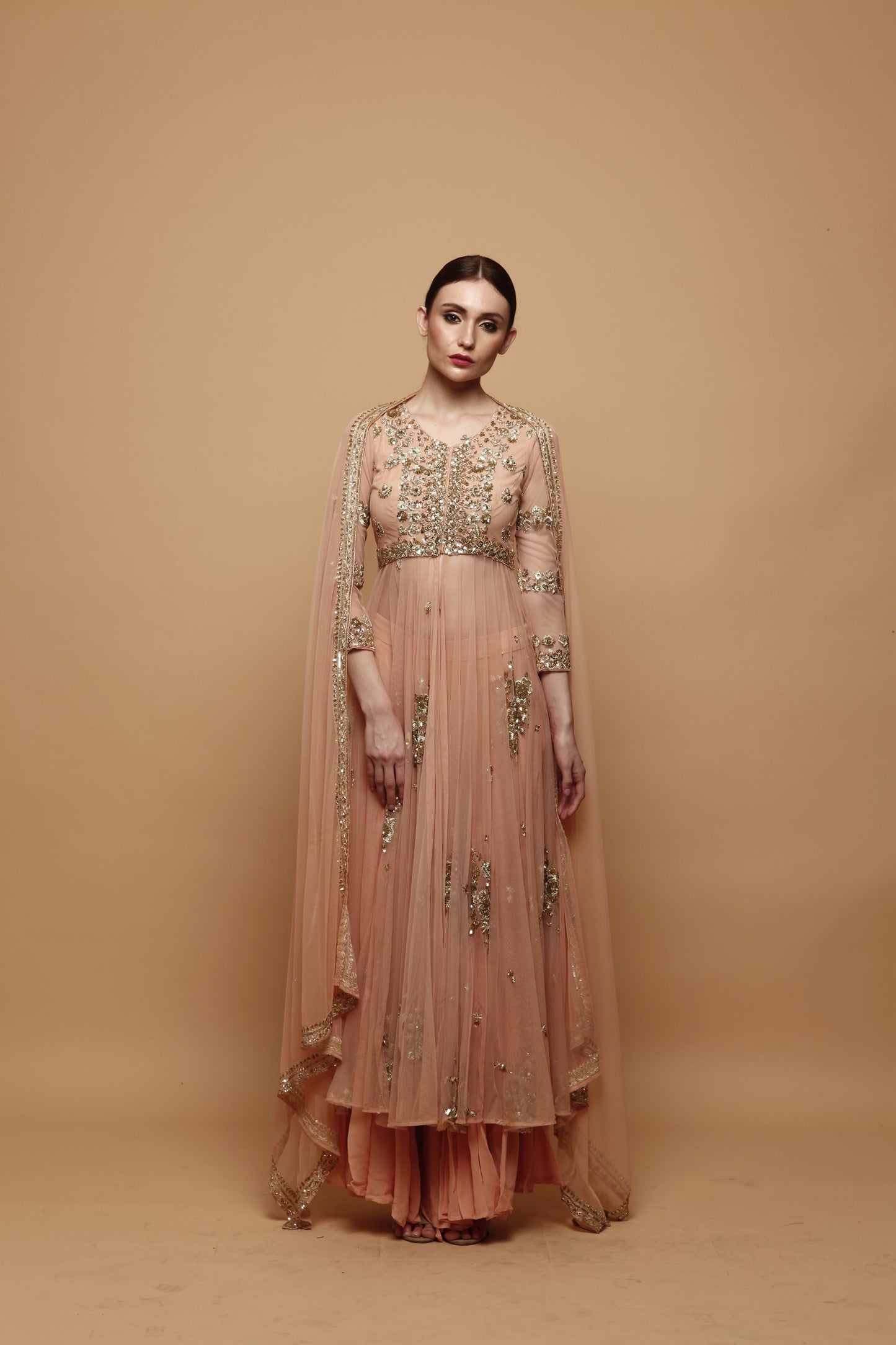 Peach Front Open Jacket And Sharara