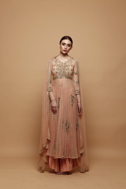 Peach Front Open Jacket And Sharara