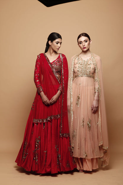 Peach Front Open Jacket And Sharara