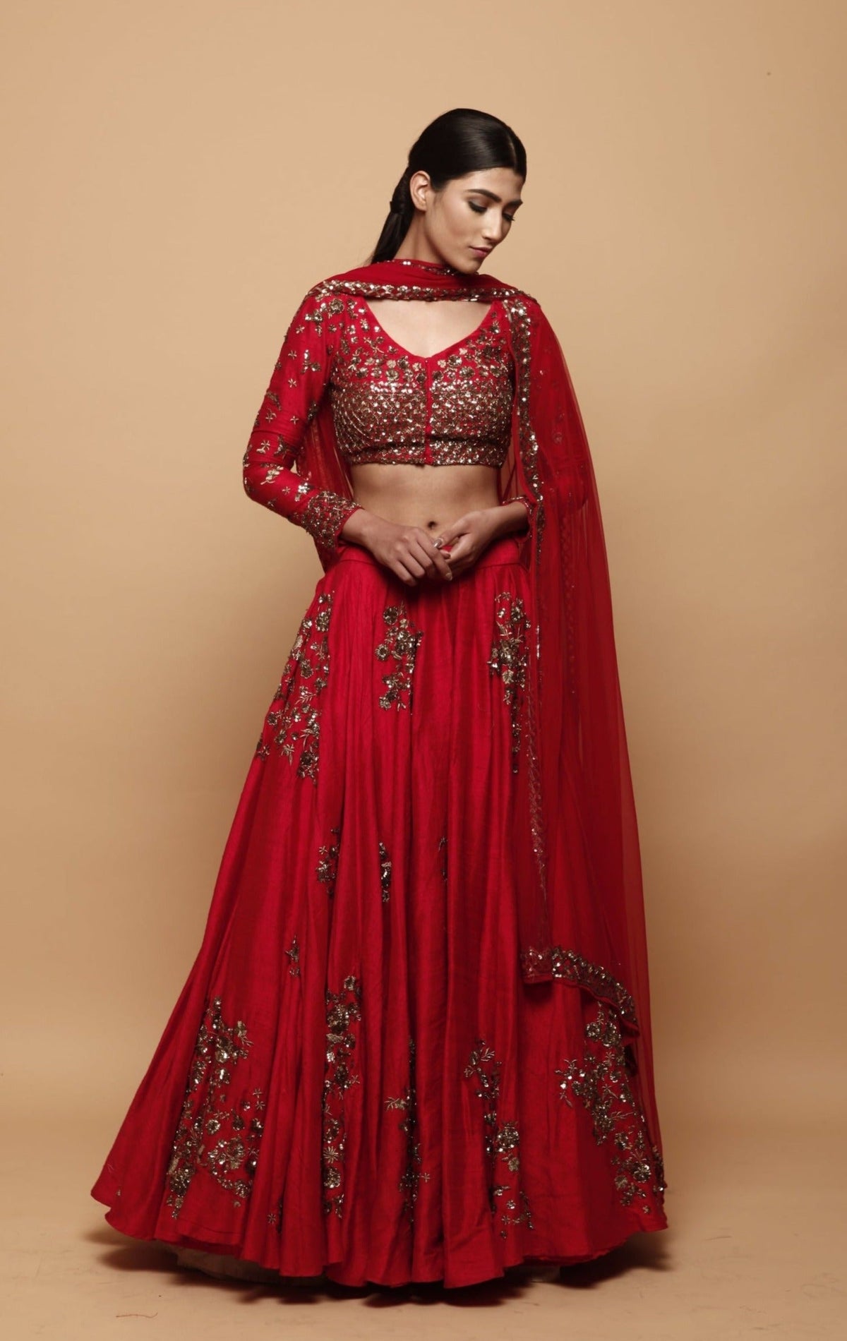 Red Lehenga With Gold Floral Work