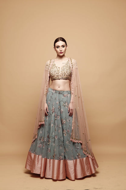 Blue Floral Print Lehenga