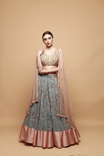 Blue Floral Print Lehenga