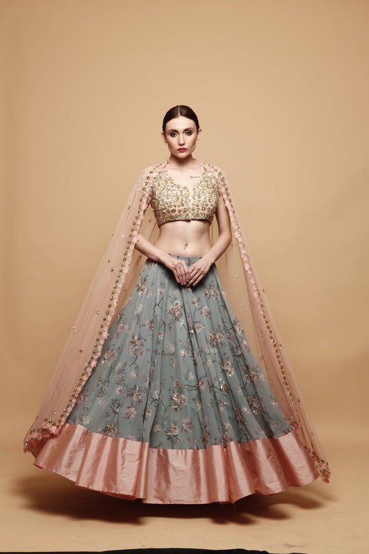 Blue Floral Print Lehenga