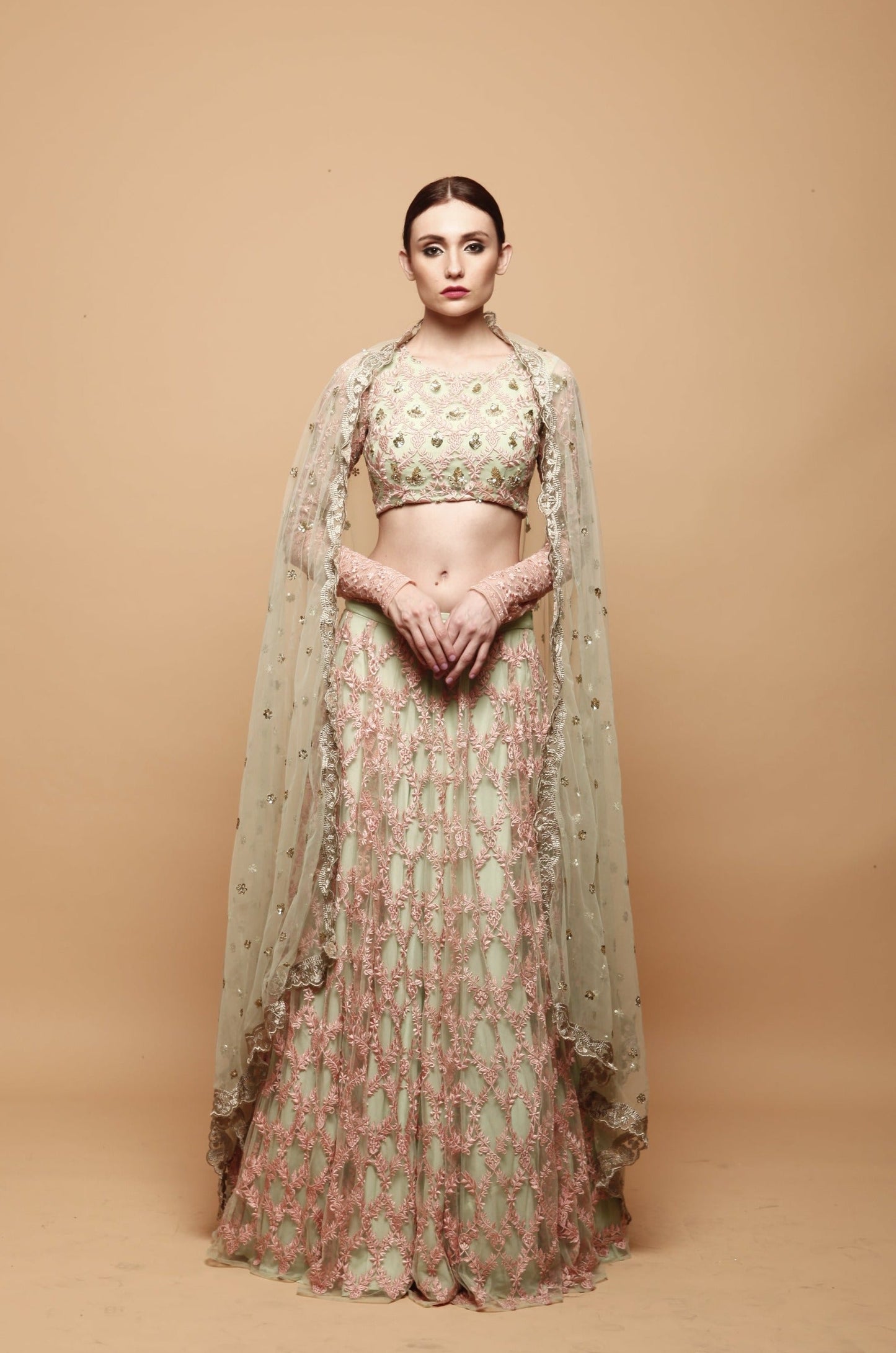 Green Lehenga With Pink Threadwork