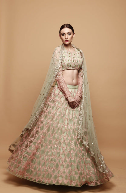 Green Lehenga With Pink Threadwork