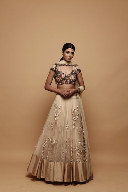 Off White Thread Lehenga With Floral Print Choli