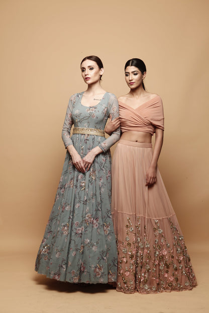Blue Floral Print Anarkali Gown