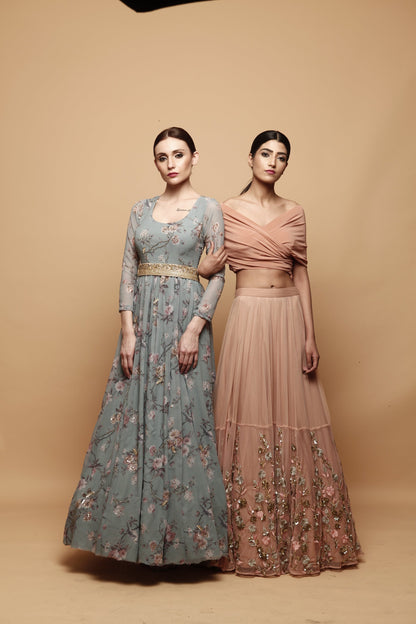 Blue Floral Print Anarkali Gown