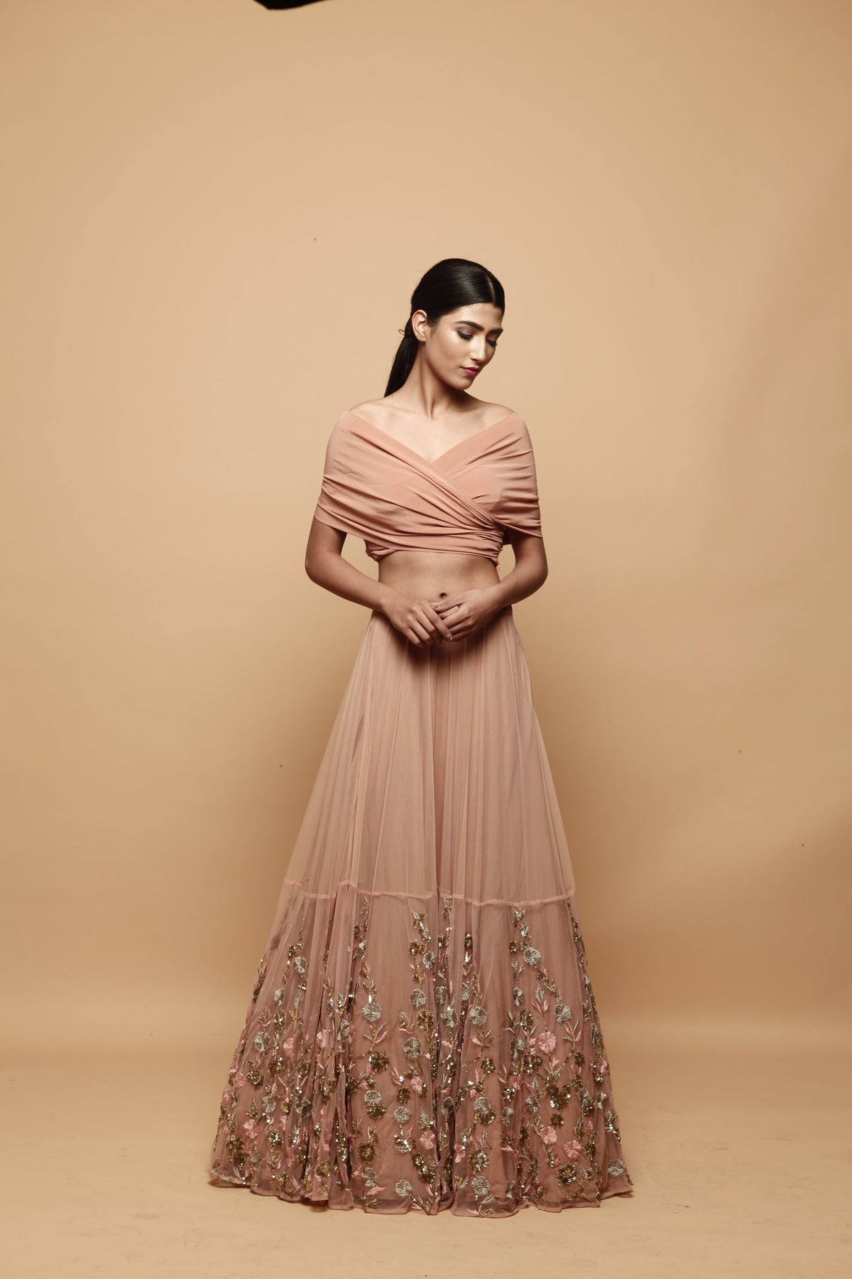 Off Shoulder Peach Lehenga