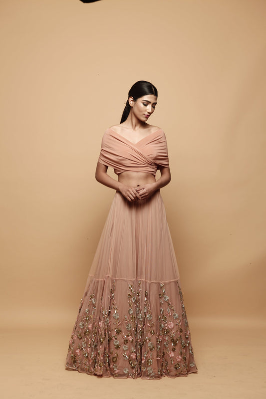 Off Shoulder Peach Lehenga