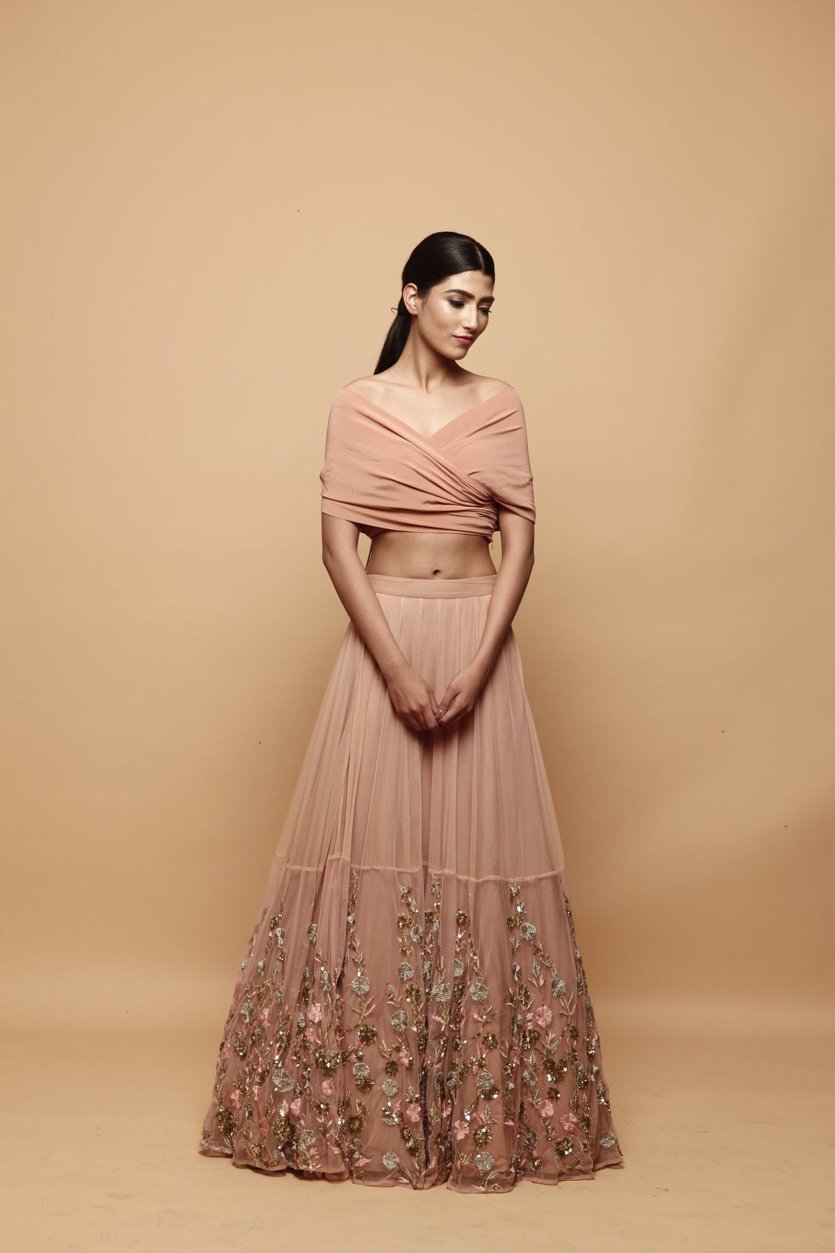Off Shoulder Peach Lehenga