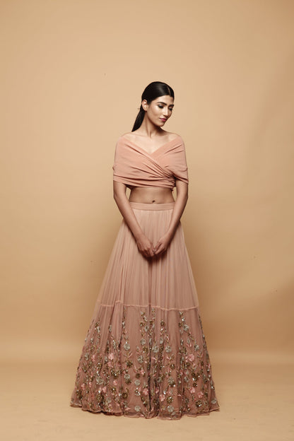 Off Shoulder Peach Lehenga