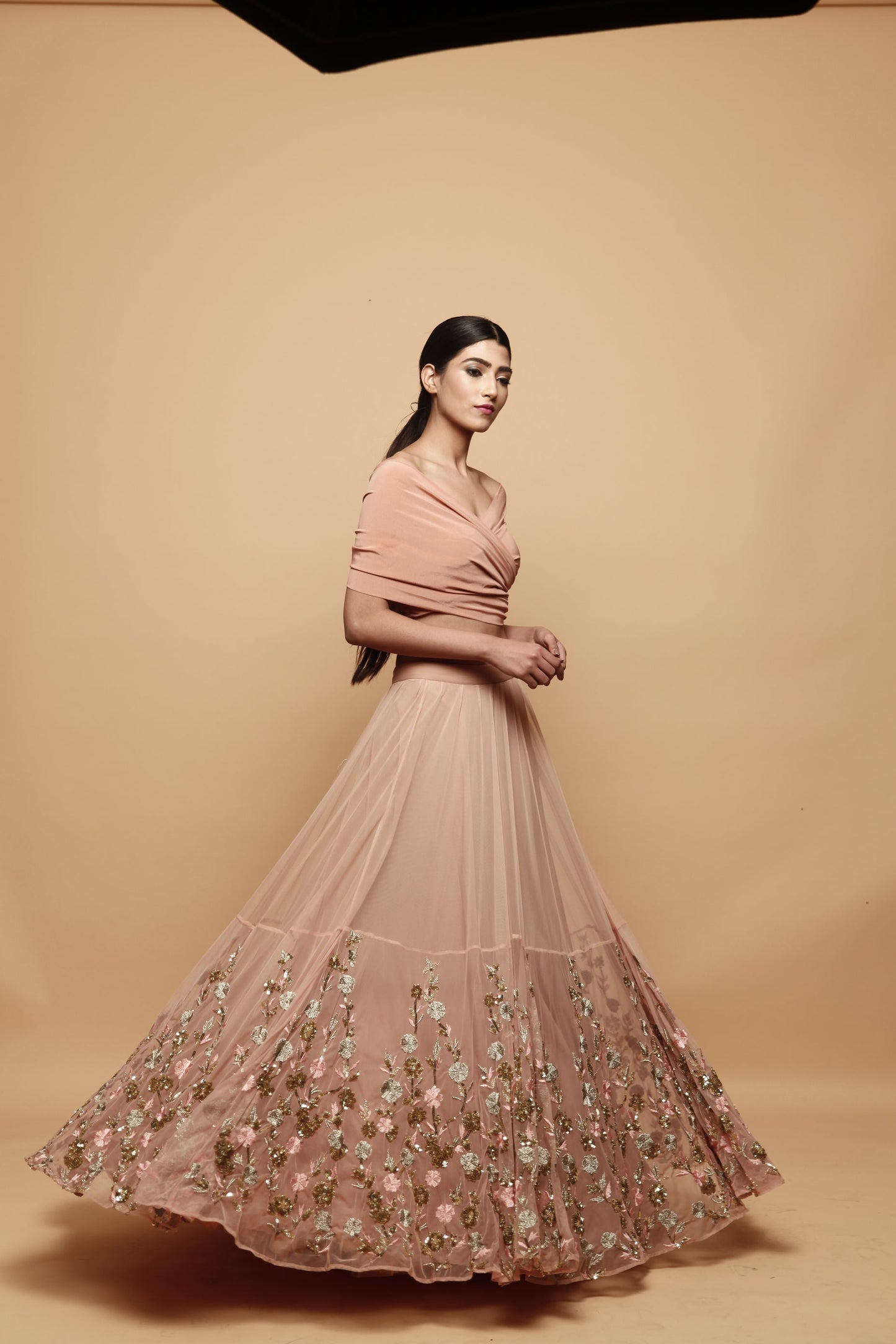 Off Shoulder Peach Lehenga