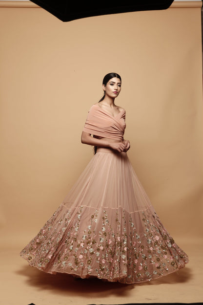 Off Shoulder Peach Lehenga
