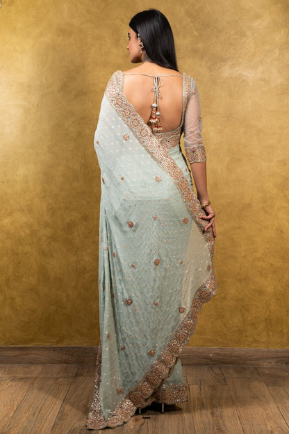 Jade Green Chiffon Booti Saree