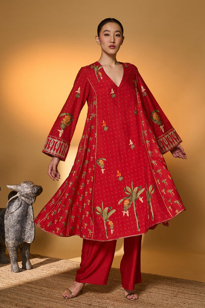 Red Tropical Anarkali Set