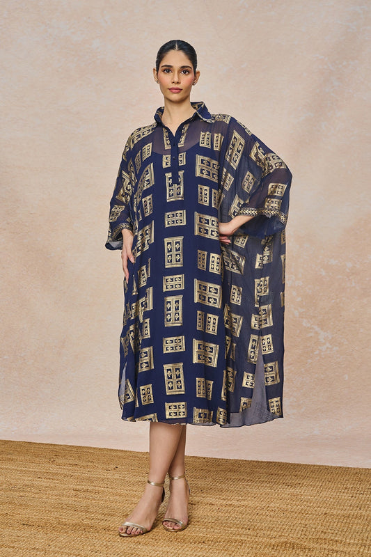 Blue Open Doors Foil Collar Kaftan
