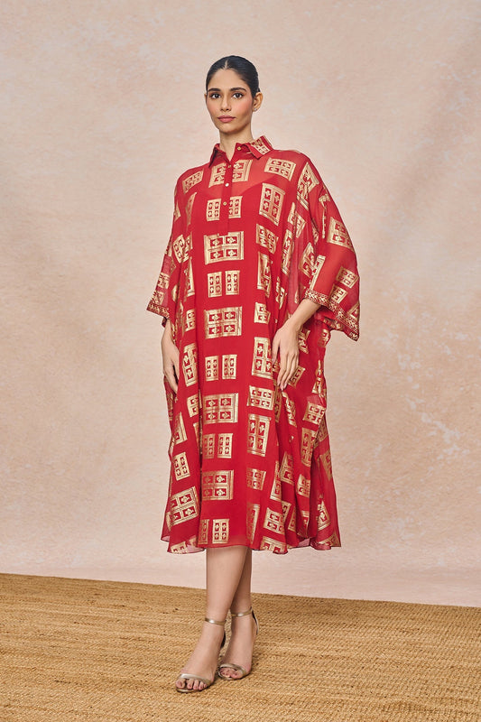 Red Open Doors Foil Collar Kaftan