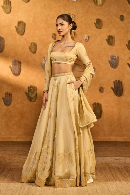 Gold Ivory Sakura Tissue Lehenga Set