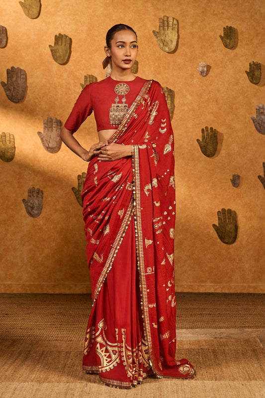 Red Crushed Folkstone Saree