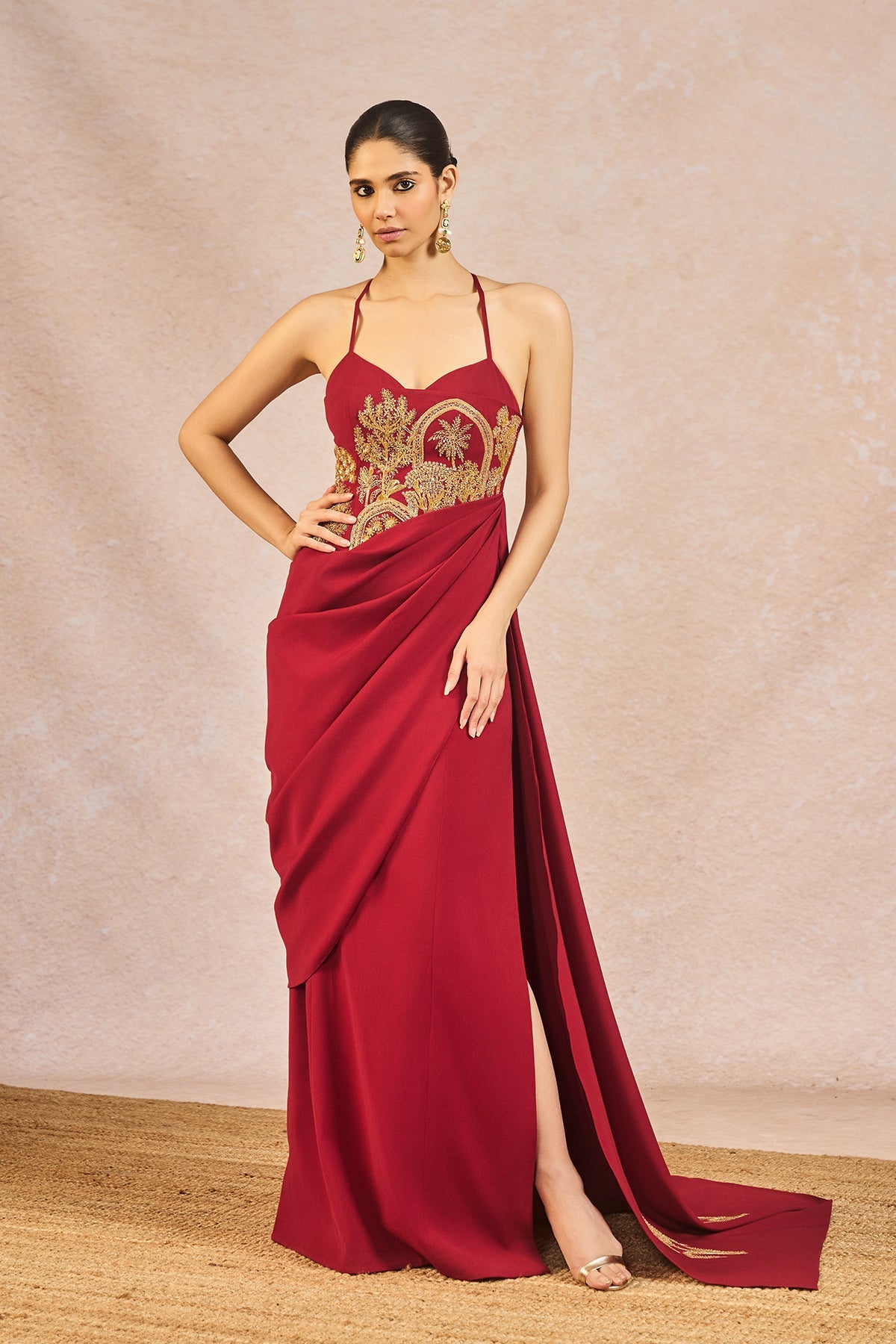 Front view of Red Heavy Crepe Embroidered Dhadkan Gown