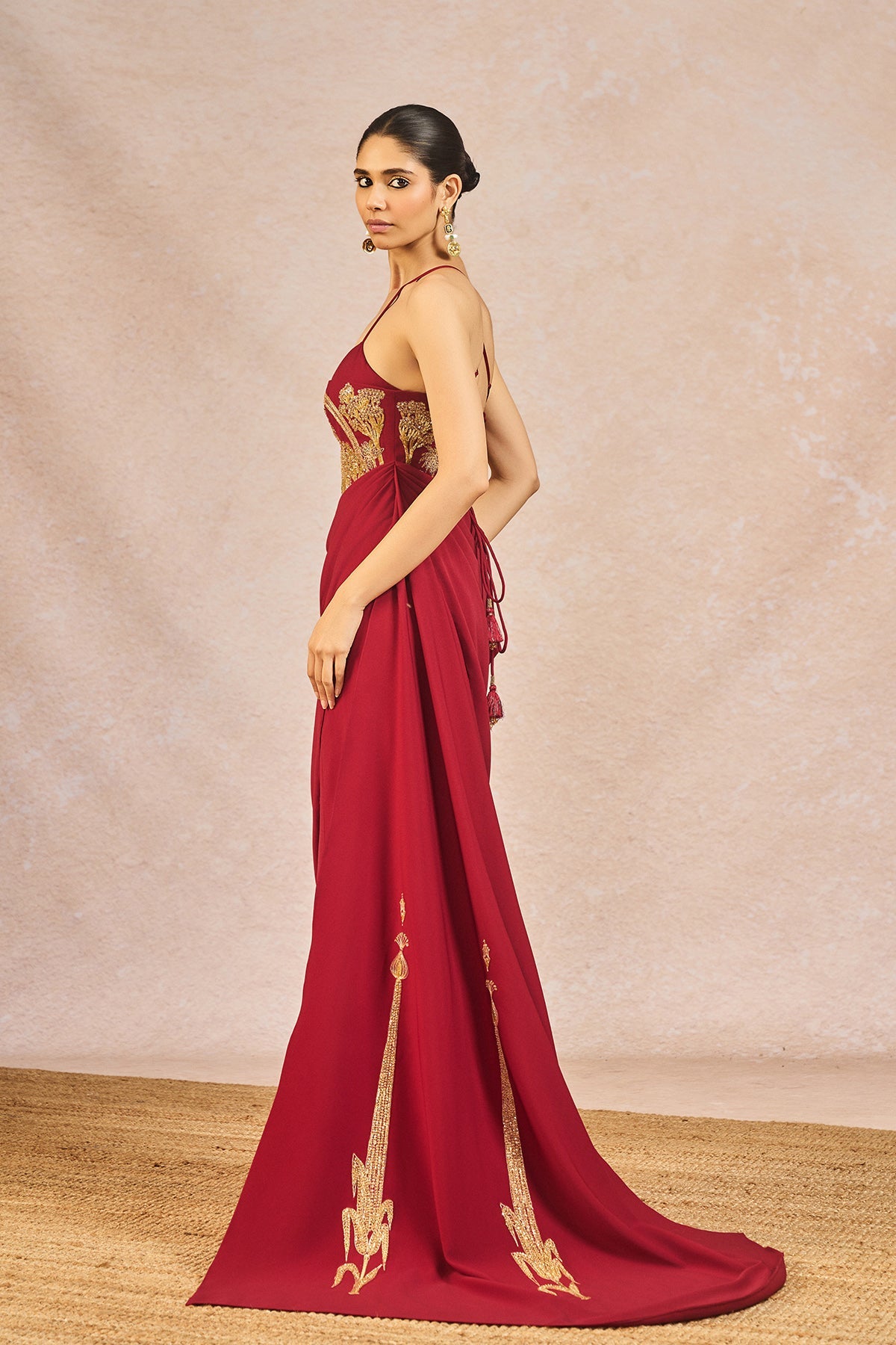 Back angle view of Red Heavy Crepe Embroidered Dhadkan Gown