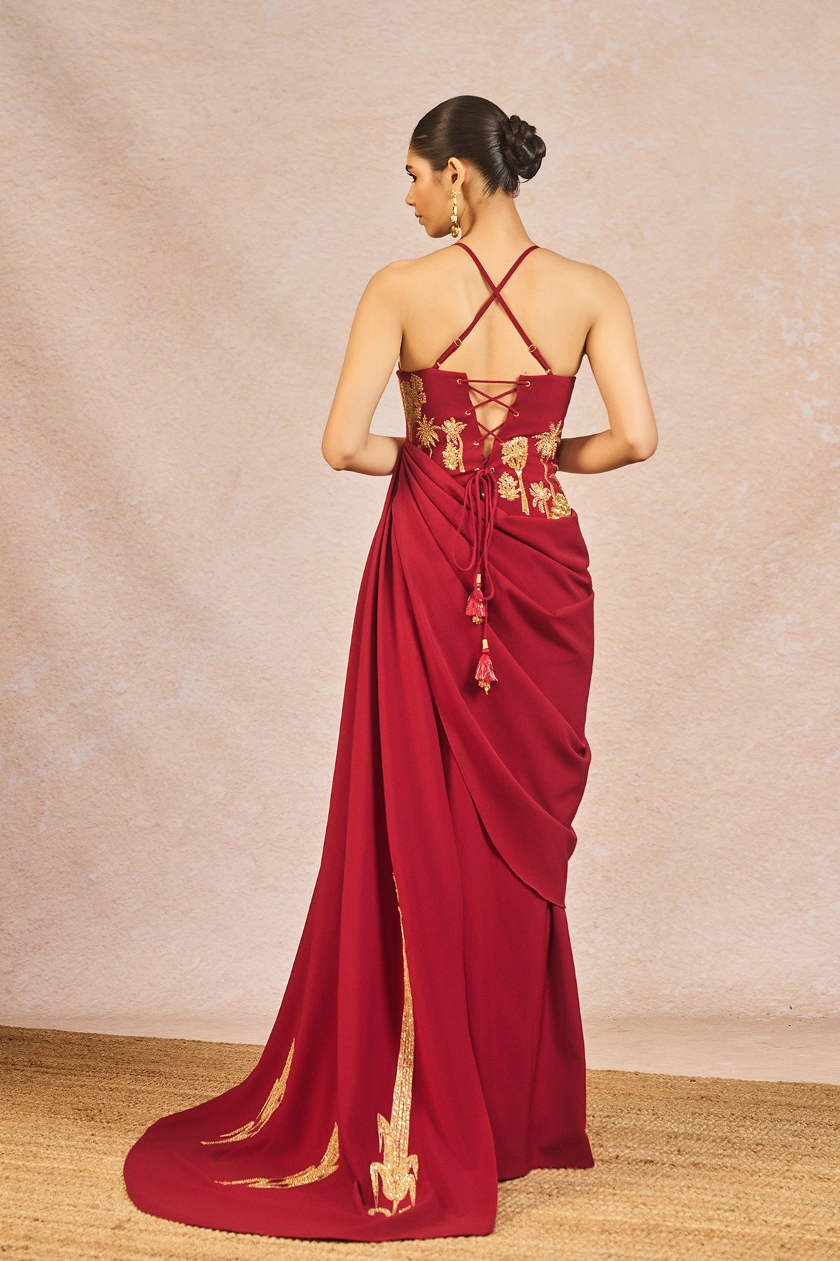 Full back view of Red Heavy Crepe Embroidered Dhadkan Gown