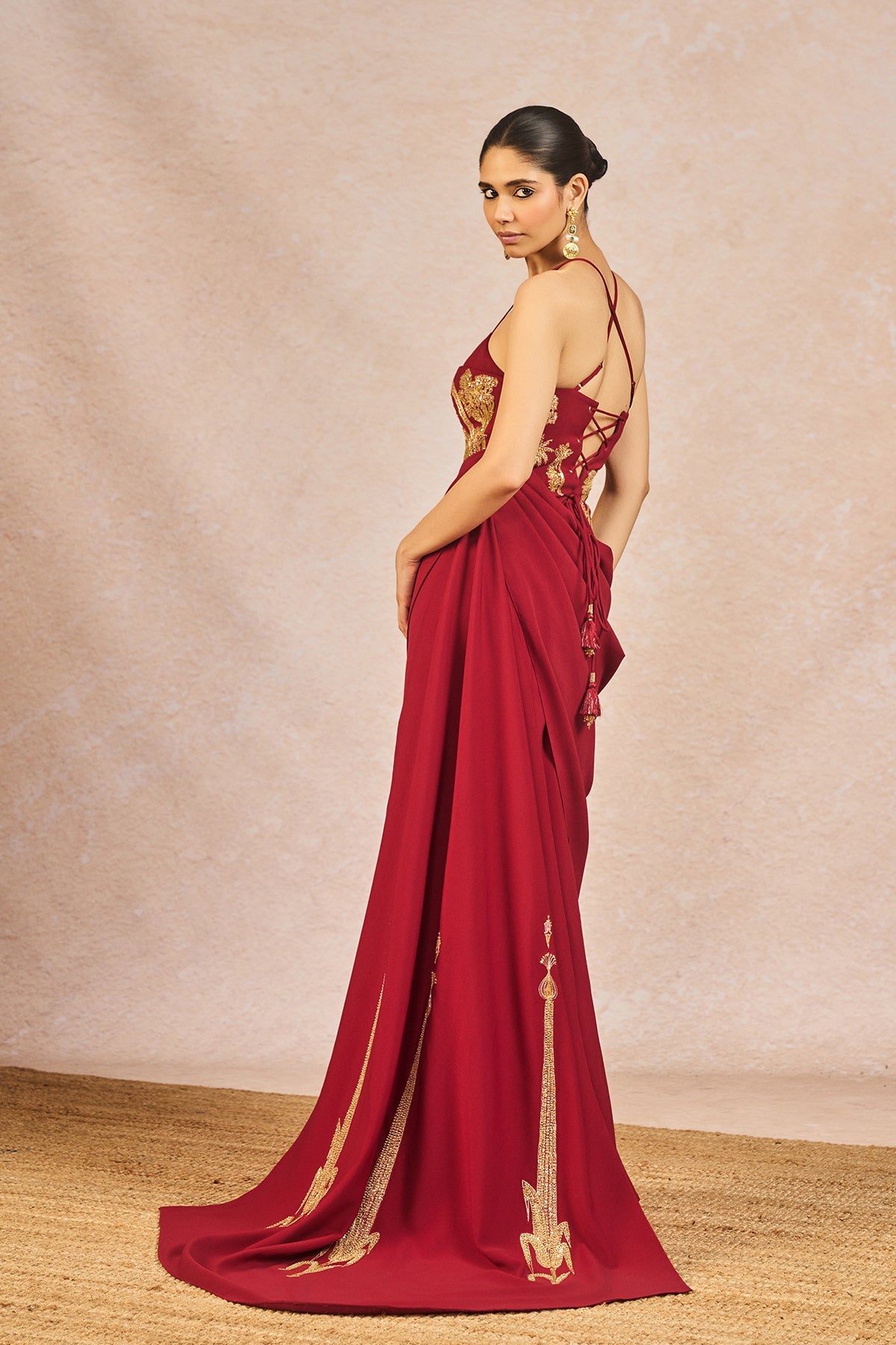 Side view of Red Heavy Crepe Embroidered Dhadkan Gown
